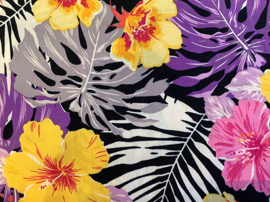 Cotton Stretch Sheeting, Tropical Print, Pink/Purple/Orange/Yellow