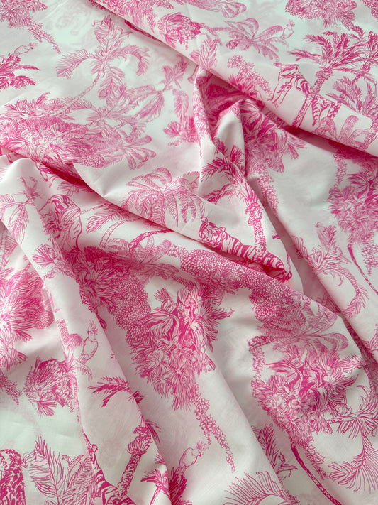 Italian Cotton Lawn, Tropical Toile, White & Bright Pink