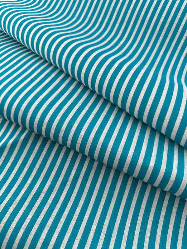 Deadstock Italian Linen Print, Aqua/White Stripe