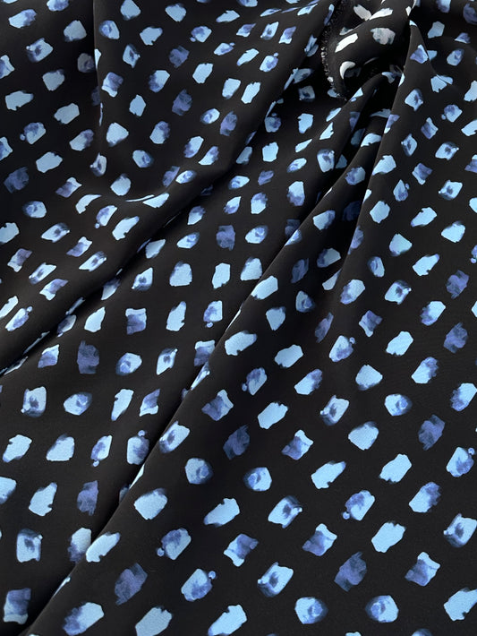 Designer Deadstock, Silk Crepe De Chine, Blue Abstract Grid Print