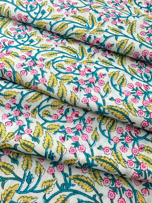 Italian Cotton Lawn, Floral Vines, Aqua Ground
