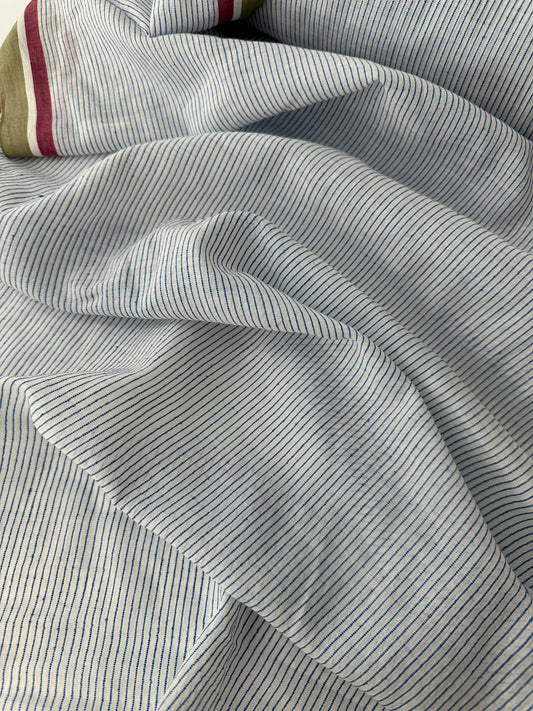 Handloom Khadi Cotton, White with Blue Stripe and Multi Selvedge