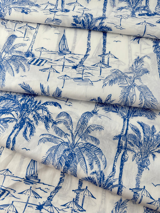 Italian Cotton Lawn, Aloha Toile, White & Blue