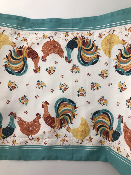 Cotton Toweling, Retro Roosters & Chickens, 16" wide