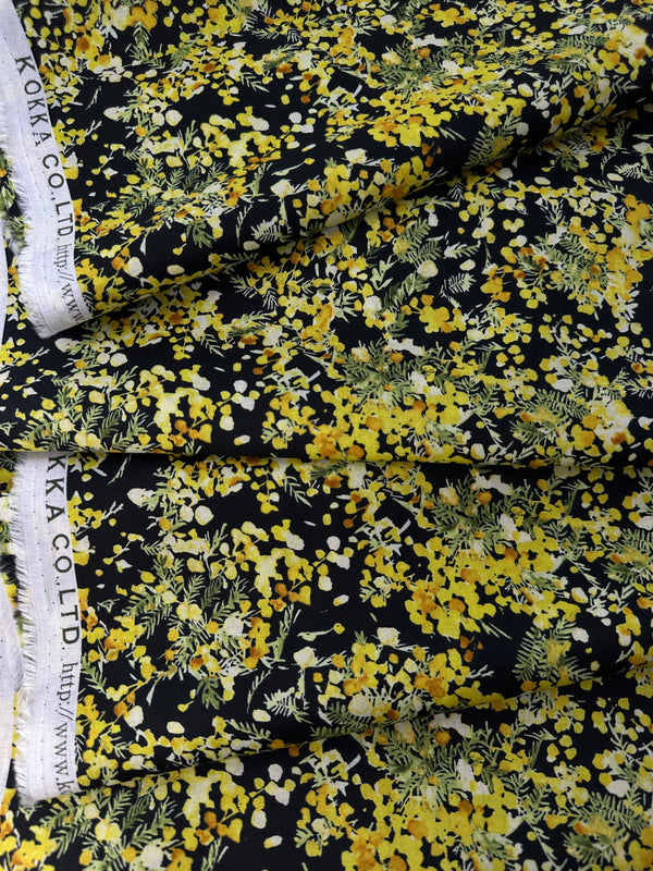 Japanese Cotton Lawn, Acacia Flowers & Leaves - Black & Yellow