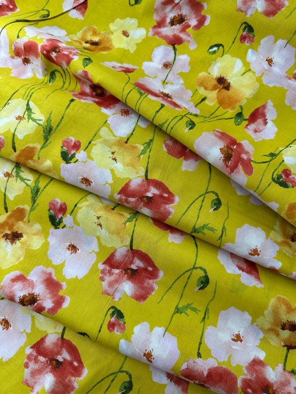 Japanese Cotton Lawn, Bold Poppies, Mustard