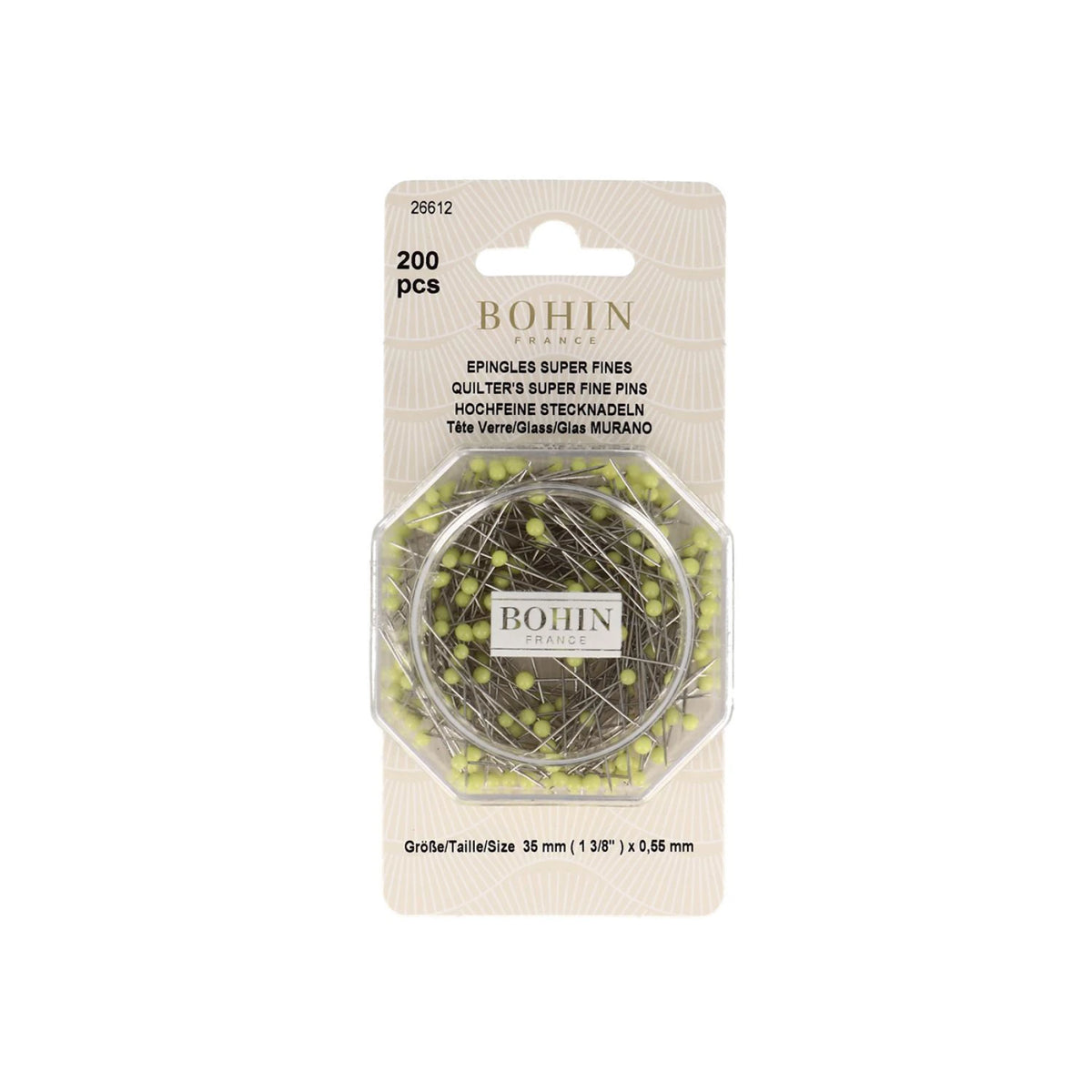 Bohin Superfine Glass Head Pins, 1 3/8", 200 ct