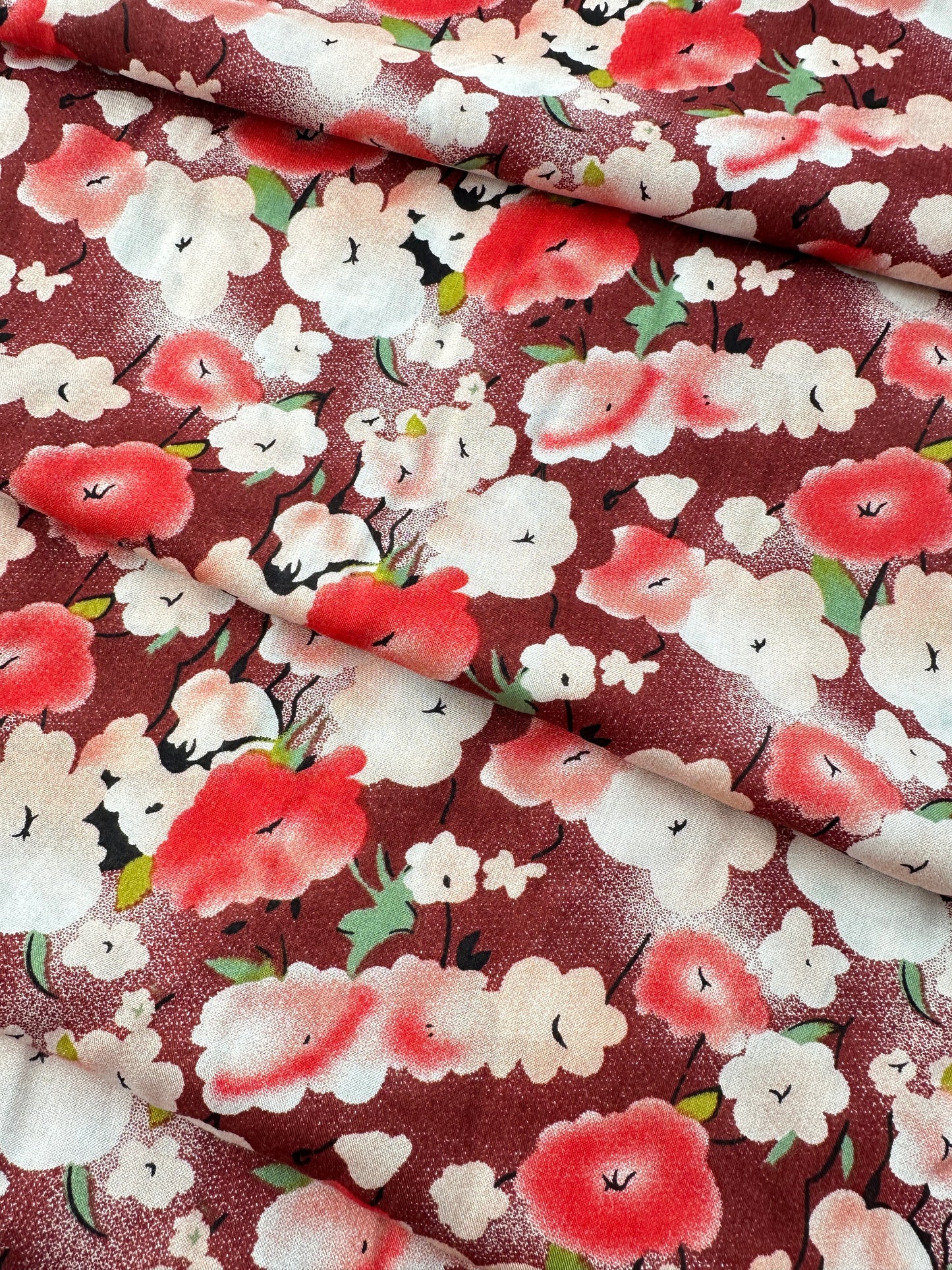 Rayon Challis, Watercolor Blooms, Burgundy