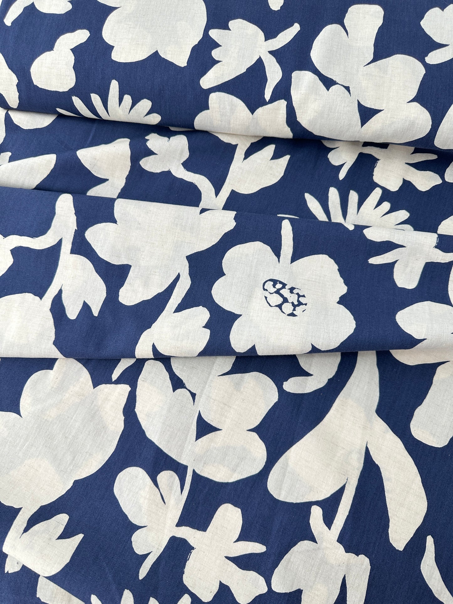 Japanese Cotton/Linen Sheeting, Large Floral Print, Blue/Natural