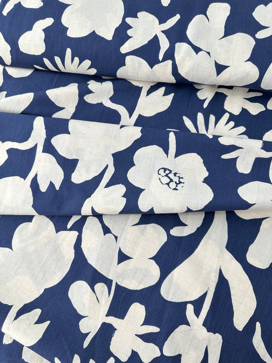 Japanese Cotton/Linen Sheeting, Large Floral Print, Blue/Natural