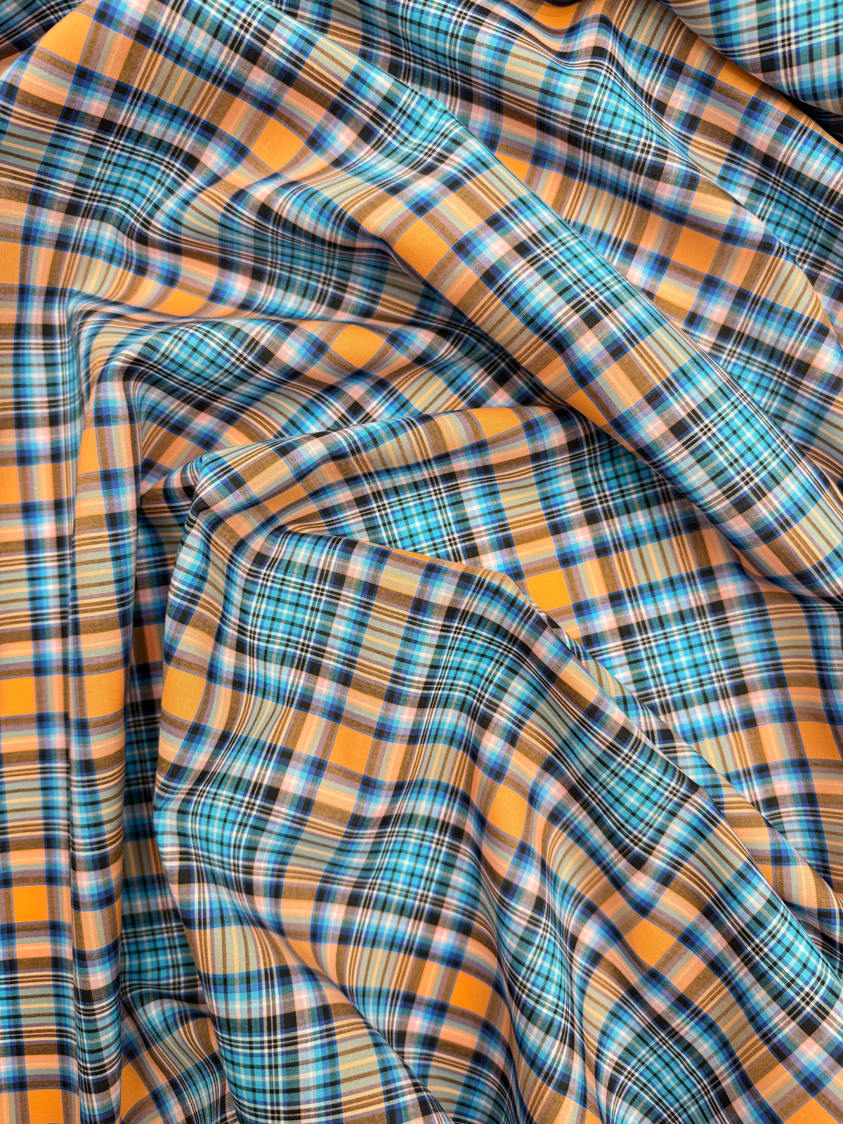 Cotton Shirting Yarn Dye Check - Black/Aqua/Melon
