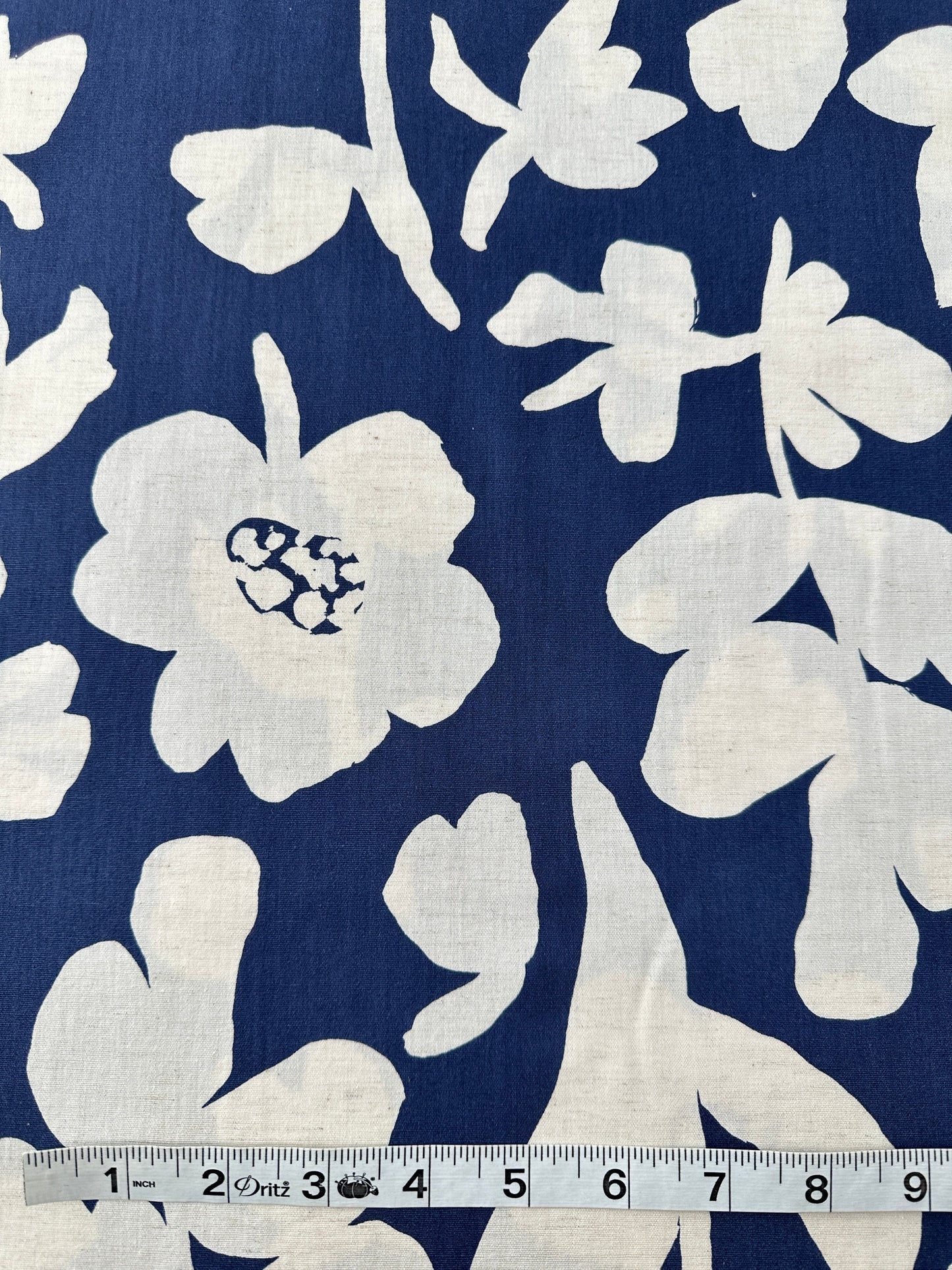 Japanese Cotton/Linen Sheeting, Large Floral Print, Blue/Natural