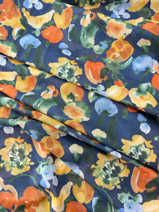 Hokkoh Cotton Voile, Watercolor Floral - Navy