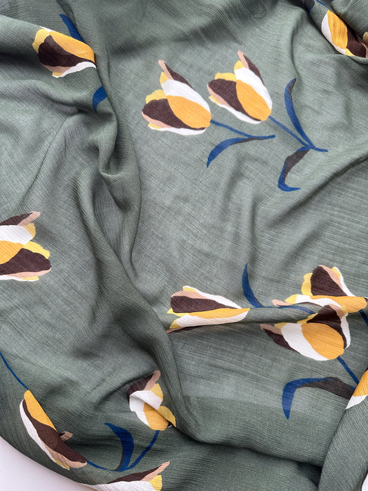 Viscose Chiffon, Floral Print on Olive Ground