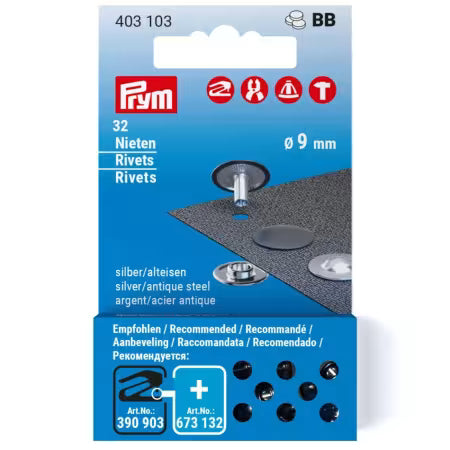 Rivets, 9mm, Silver/Antique Steel, 32 sets - Refill pack
