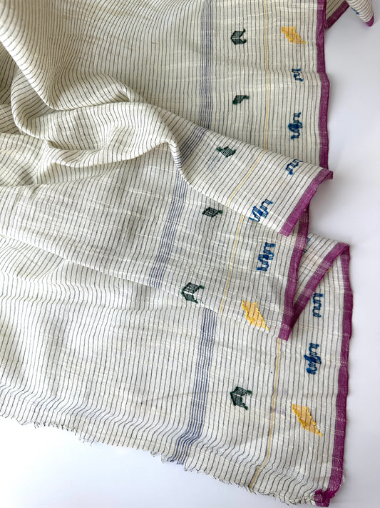 Handloom Khadi Cotton, Natural with Black Stripes and Jamdani Details