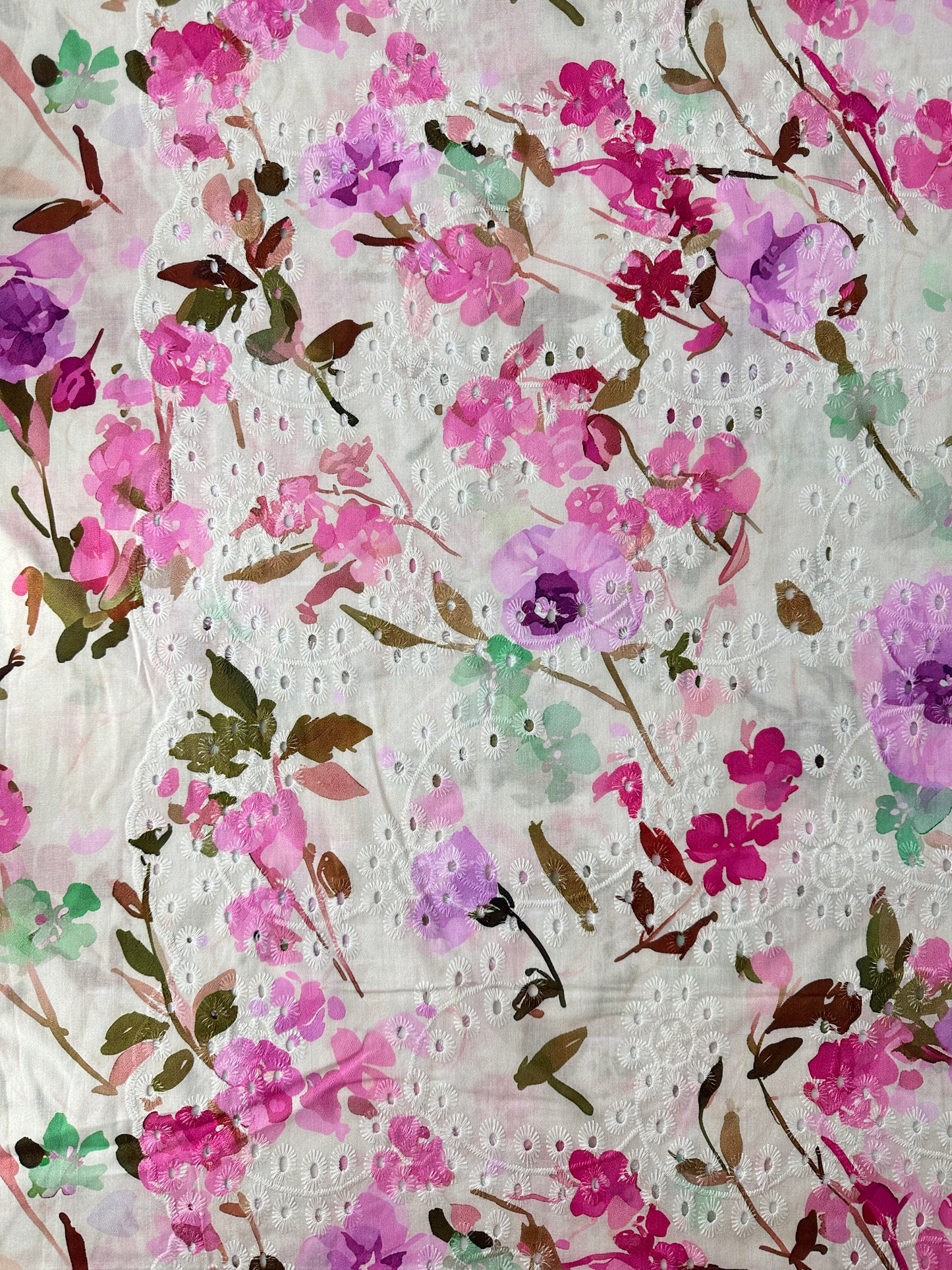 Cotton Lawn Eyelet Digital Print, Magenta Flowers, 3.1 oz