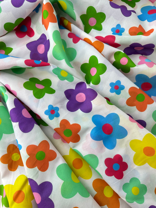 Italian Cotton Lawn, Groovy Flower Print, White Ground