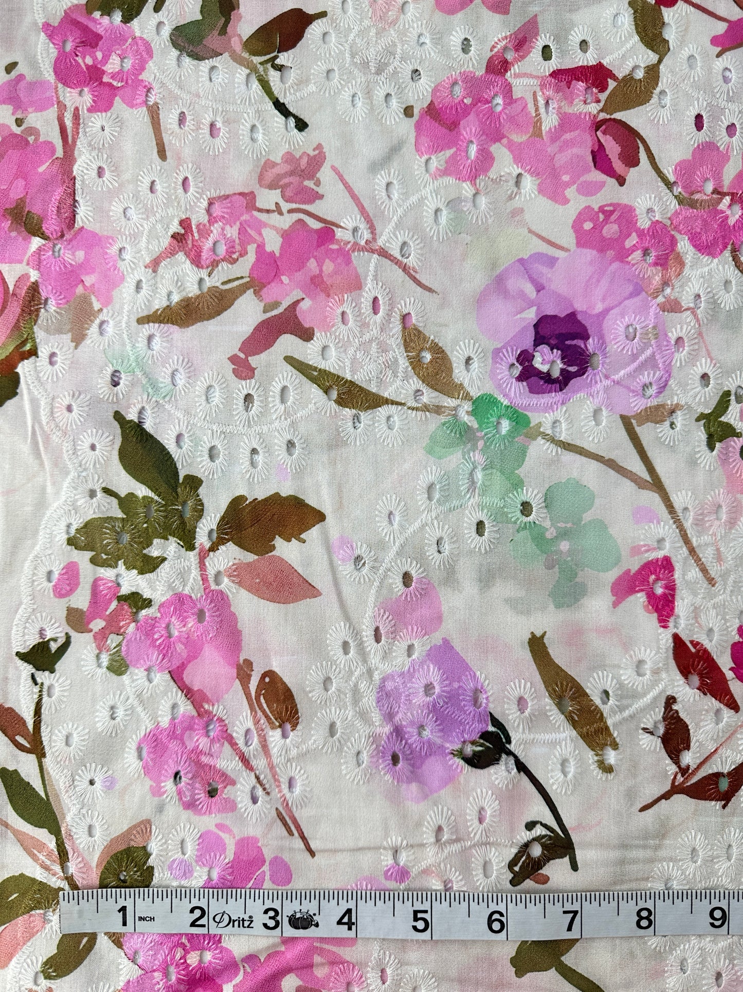 Cotton Lawn Eyelet Digital Print, Magenta Flowers, 3.1 oz