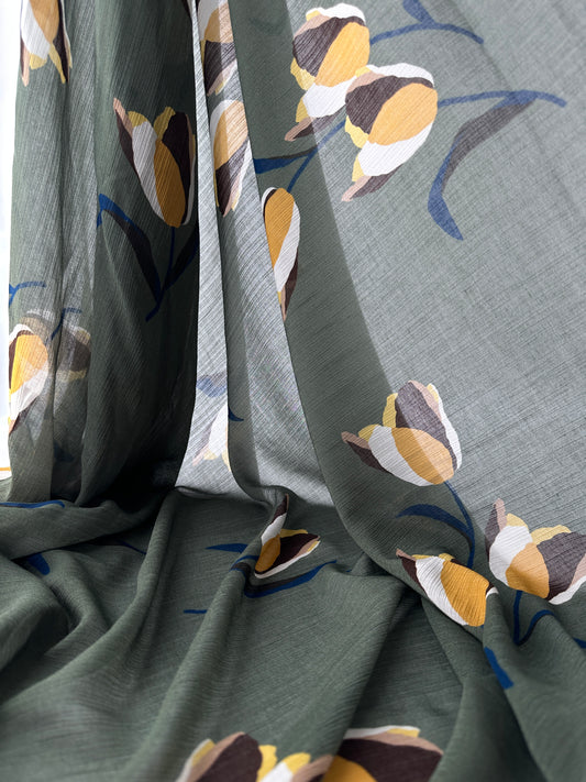 Viscose Chiffon, Floral Print on Olive Ground