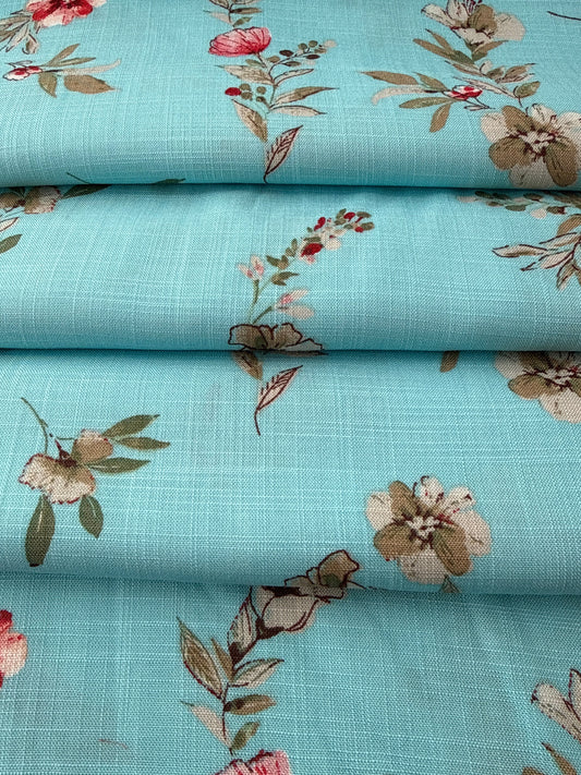 Rayon Challis, Slub Texture Floral - Aqua