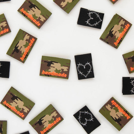 Sarah Hearts Labels, Camo and Barbed Wire Heart