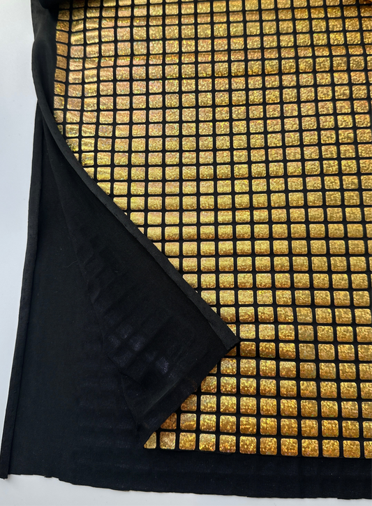 Polyester/Spandex Knit, Hologram Grid Print, Gold