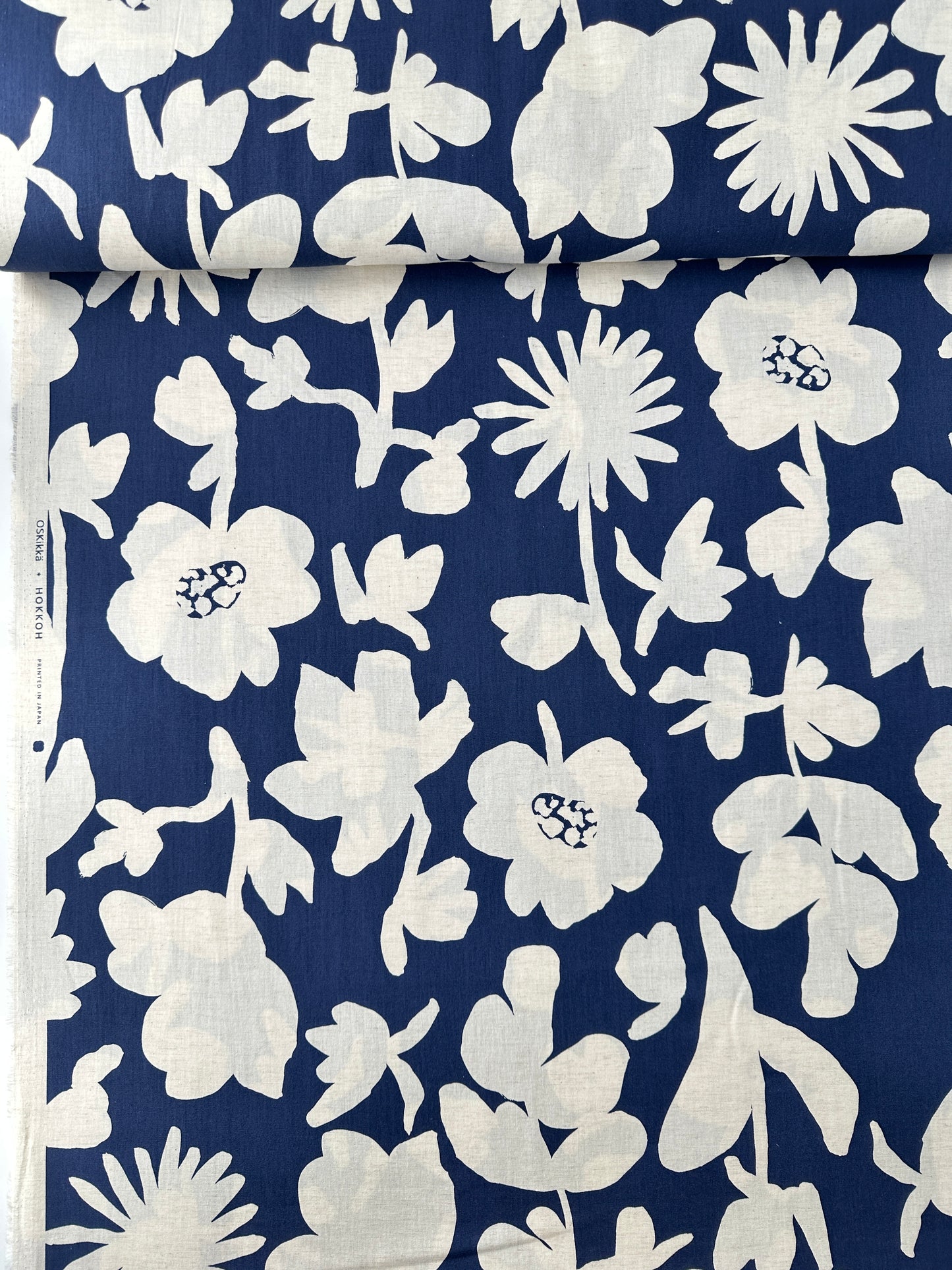 Japanese Cotton/Linen Sheeting, Large Floral Print, Blue/Natural