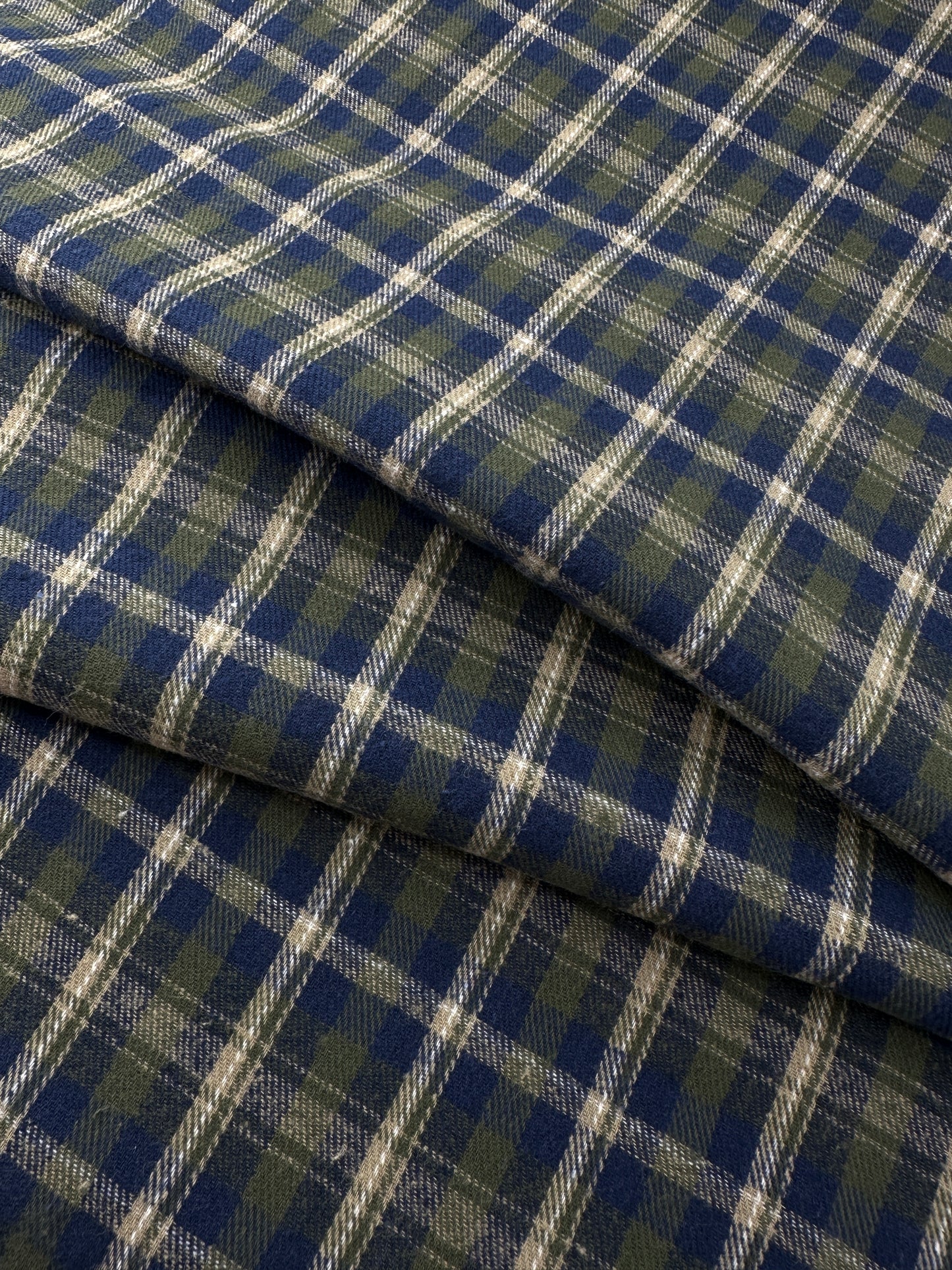 Cotton Flannel Yarn Dye, Plaid, Olive/Navy/Off-White