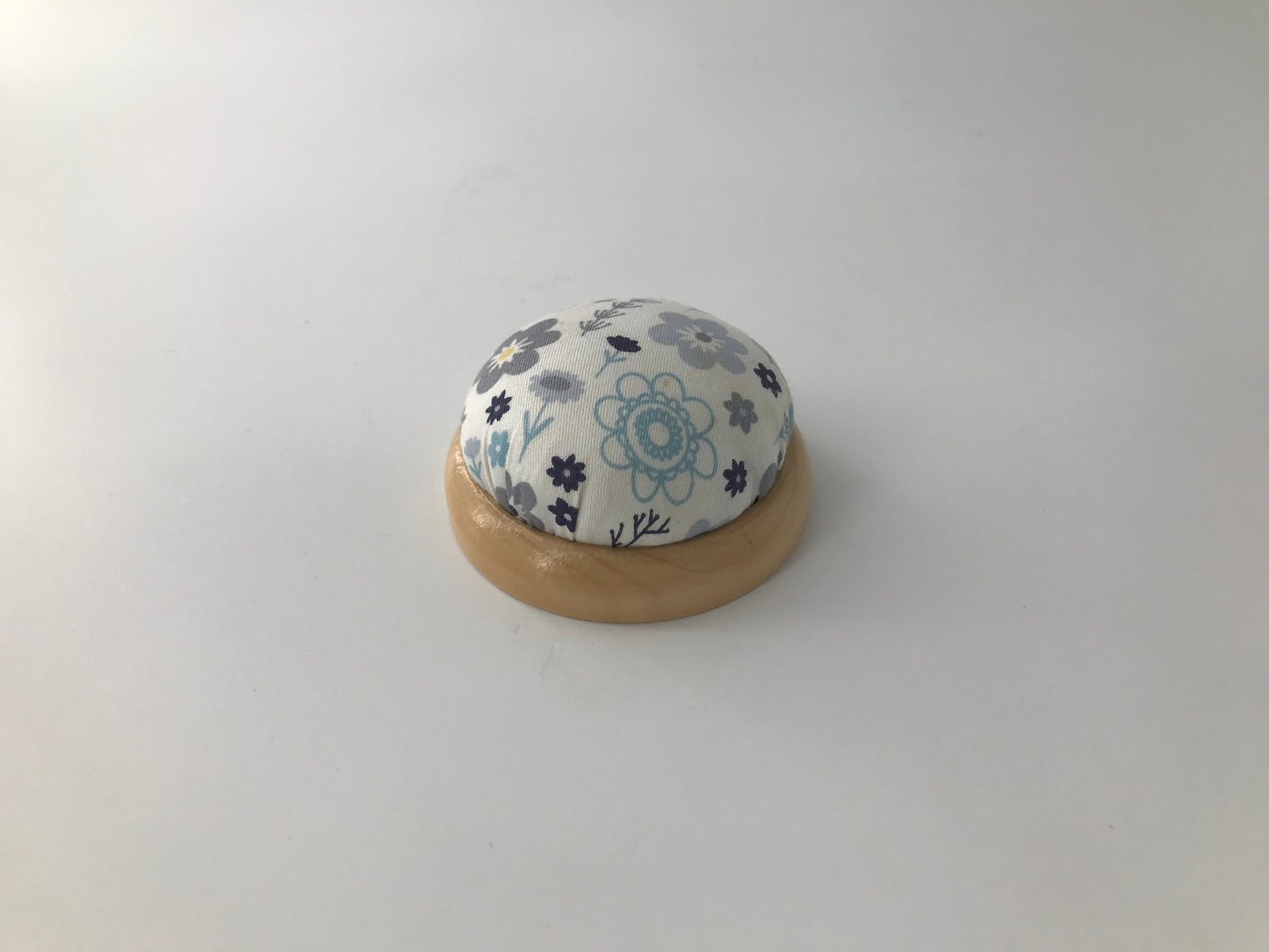 Pin cushion with wooden base, 3" diameter
