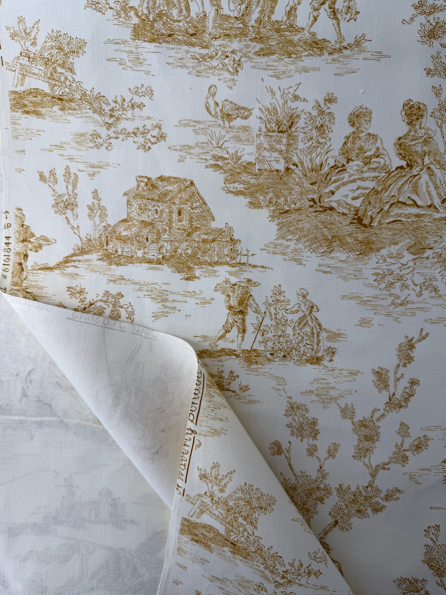 Designer Deadstock Cotton Sheeting, Waverly Toile Four Seasons, Cream/Tan