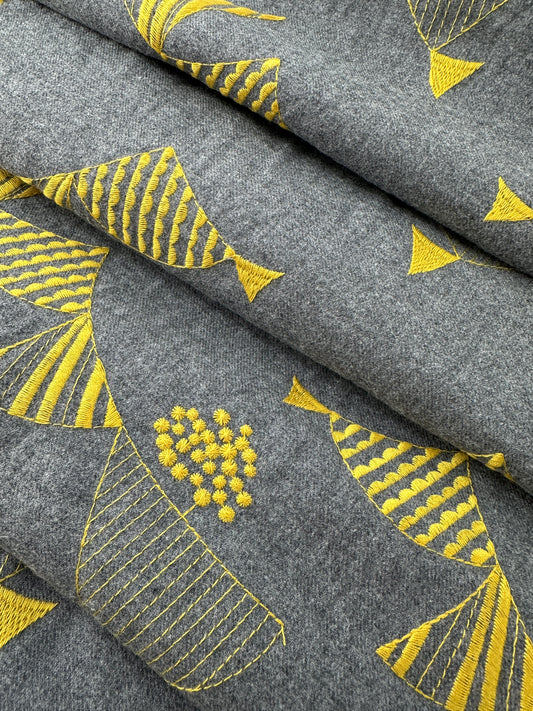 Japanese Cotton Flannel, Embroidered, Heather Grey/Gold, 4.6 oz