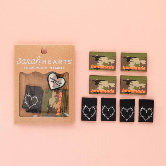 Sarah Hearts Labels, Camo and Barbed Wire Heart