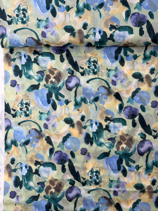 Hokkoh Cotton Voile, Watercolor Floral - Mint