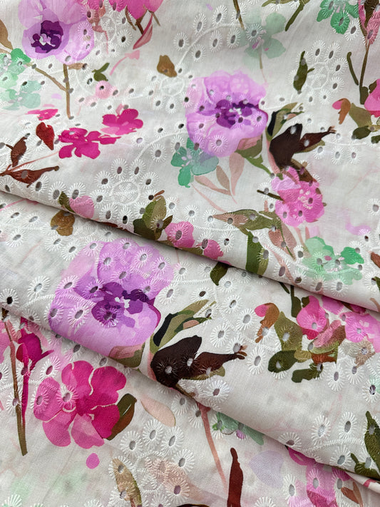 Cotton Lawn Eyelet Digital Print, Magenta Flowers