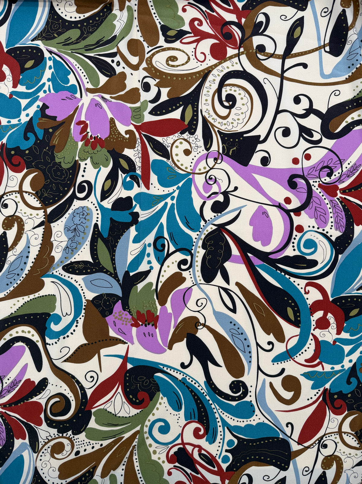Silk Crepe de Chine, Retro Fleur de Lis, Beige/Mauve/Cornflower