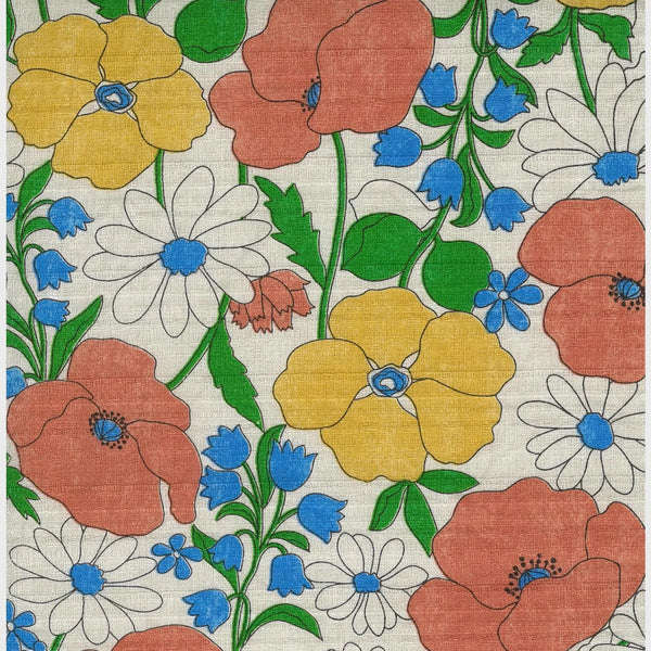 KOKKA Cotton Dobby, Sopo Retro Vintage Floral Peonies & Daisies  - Natural