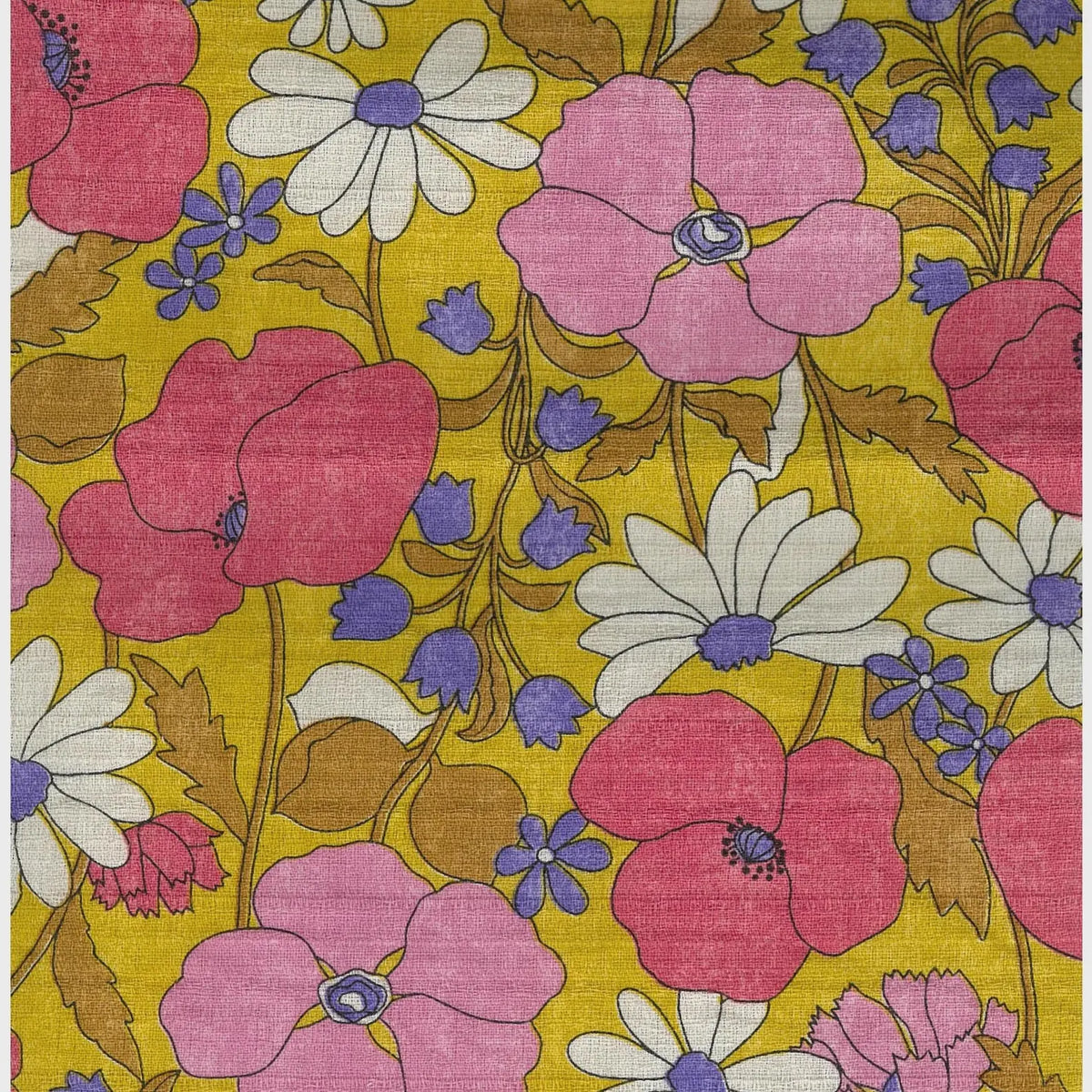 KOKKA Cotton Dobby, Sopo Retro Vintage Floral Peonies & Daisies  - Mustard