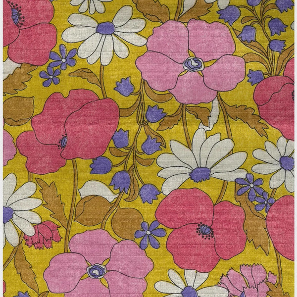 KOKKA Cotton Dobby, Sopo Retro Vintage Floral Peonies & Daisies  - Mustard