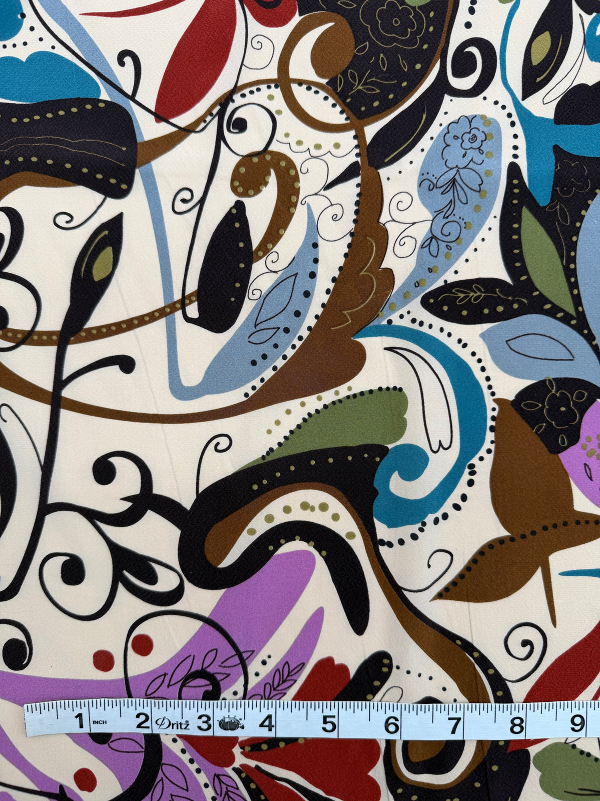 Silk Crepe de Chine, Retro Fleur de Lis, Beige/Mauve/Cornflower