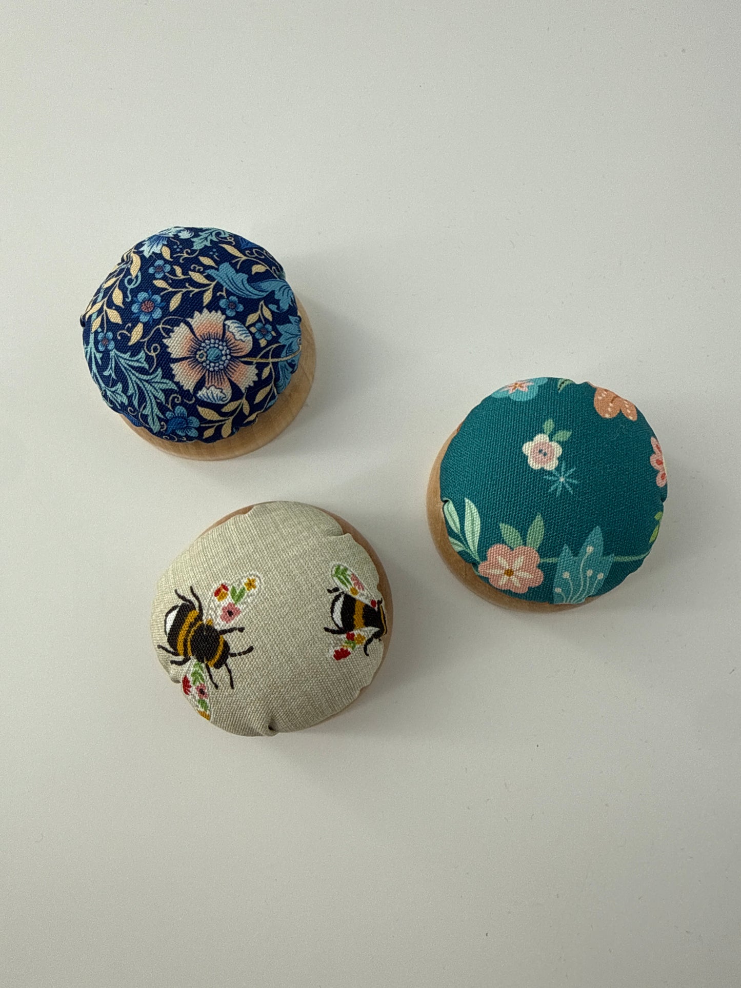 Pin cushion with wooden base, 2.25" diameter