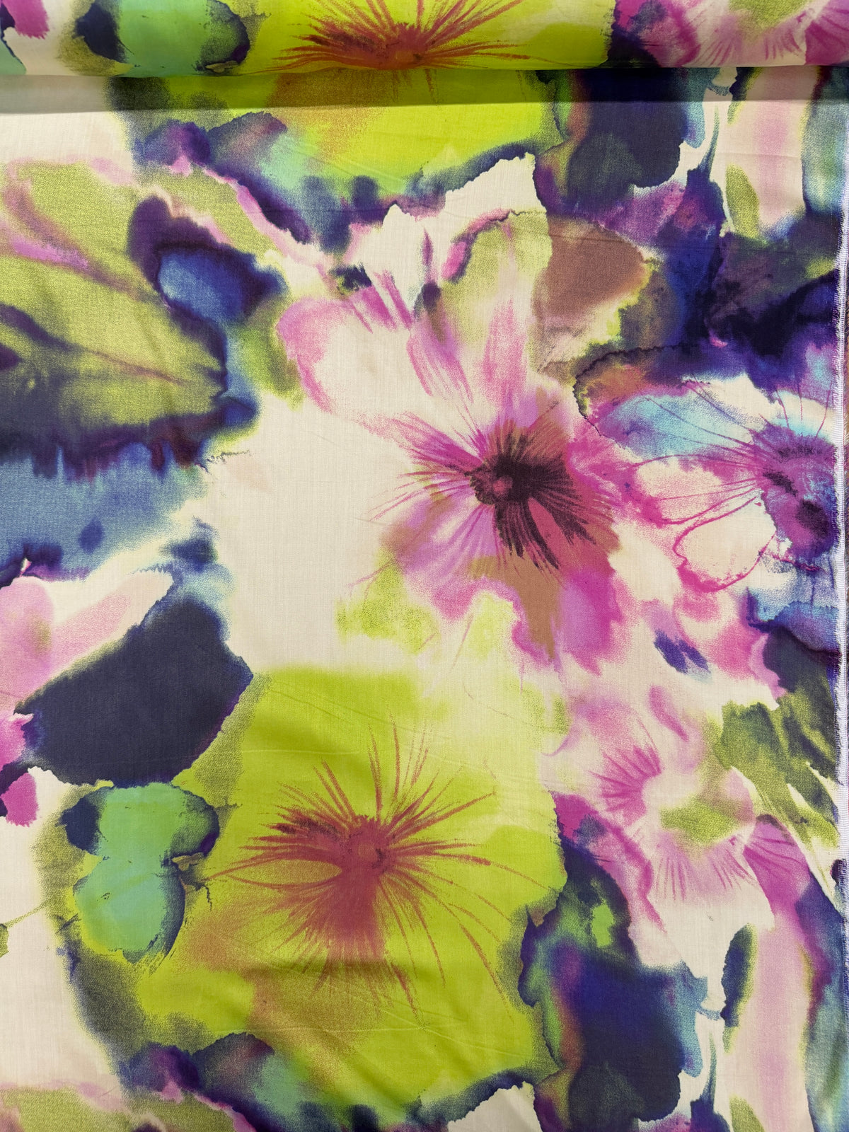 Rayon Sateen, Large Scale Watercolor Floral