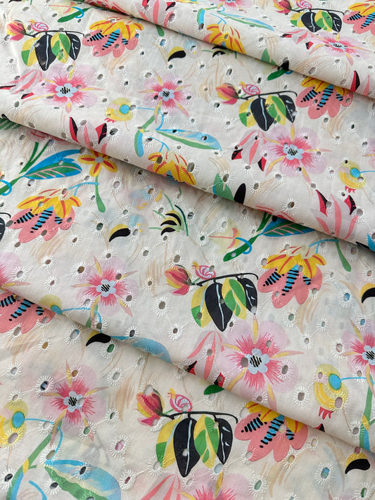 Cotton Lawn Eyelet Digital Print, Pop Floral