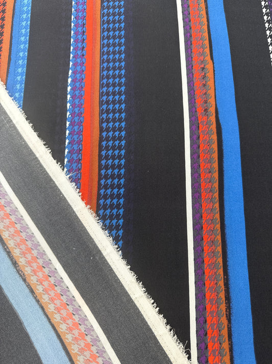 Designer Deadstock, Silk Crepe de Chine, Houndstooth Stripe