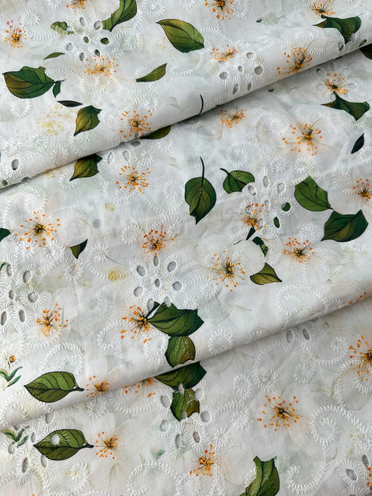 Cotton Lawn Eyelet Digital Print, Ivory Hibiscus