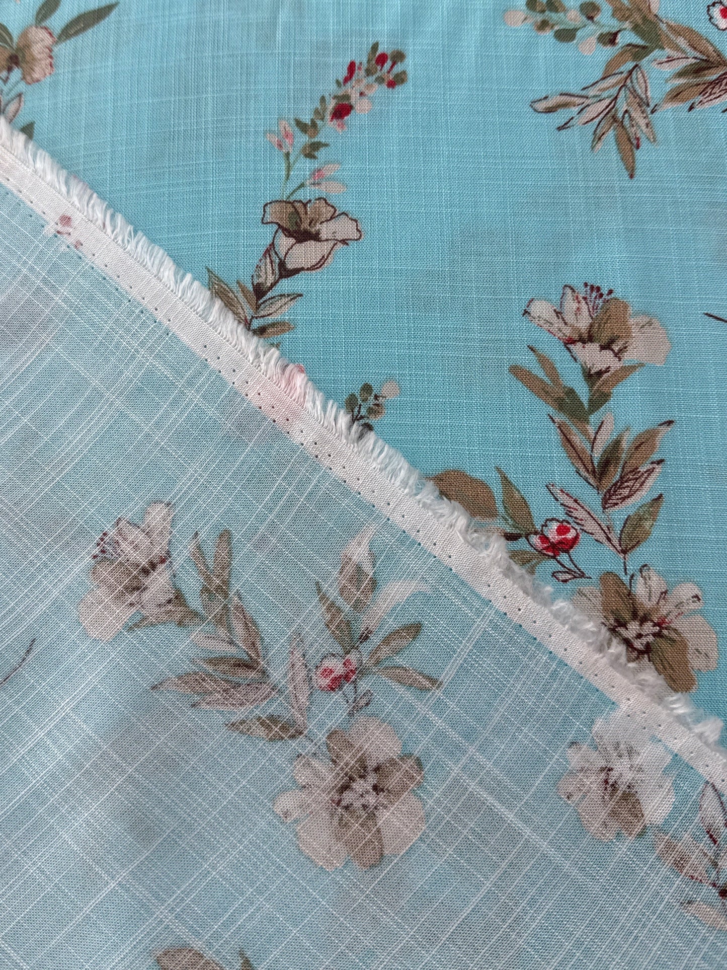 Rayon Challis, Slub Texture Floral - Aqua