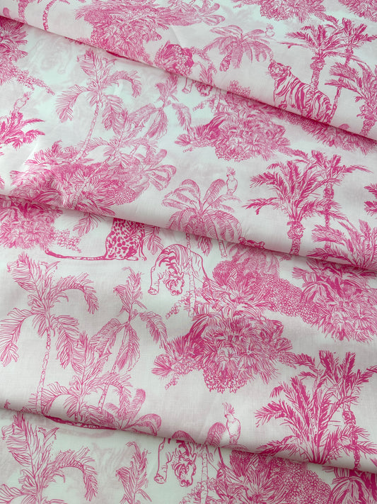 Italian Cotton Lawn, Tropical Toile, White & Bright Pink