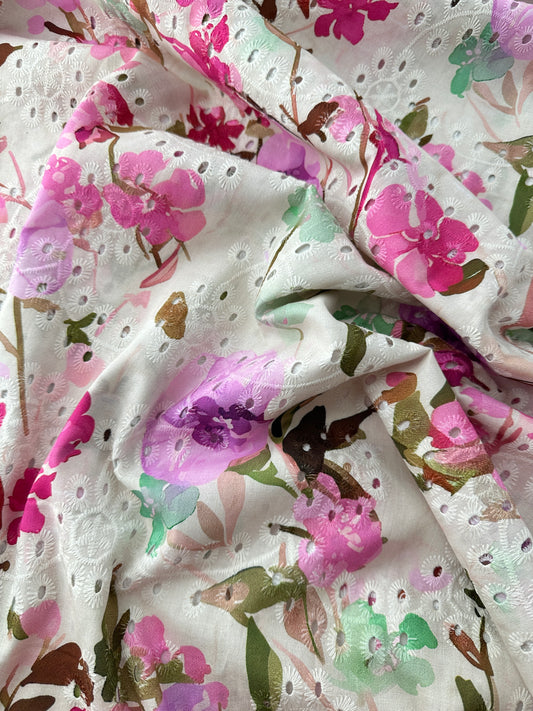 Cotton Lawn Eyelet Digital Print, Magenta Flowers