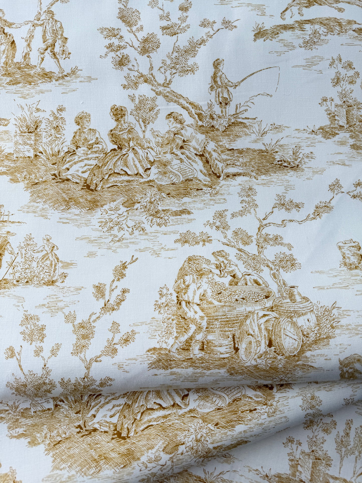 Designer Deadstock Cotton Sheeting, Waverly Toile Four Seasons, Cream/Tan