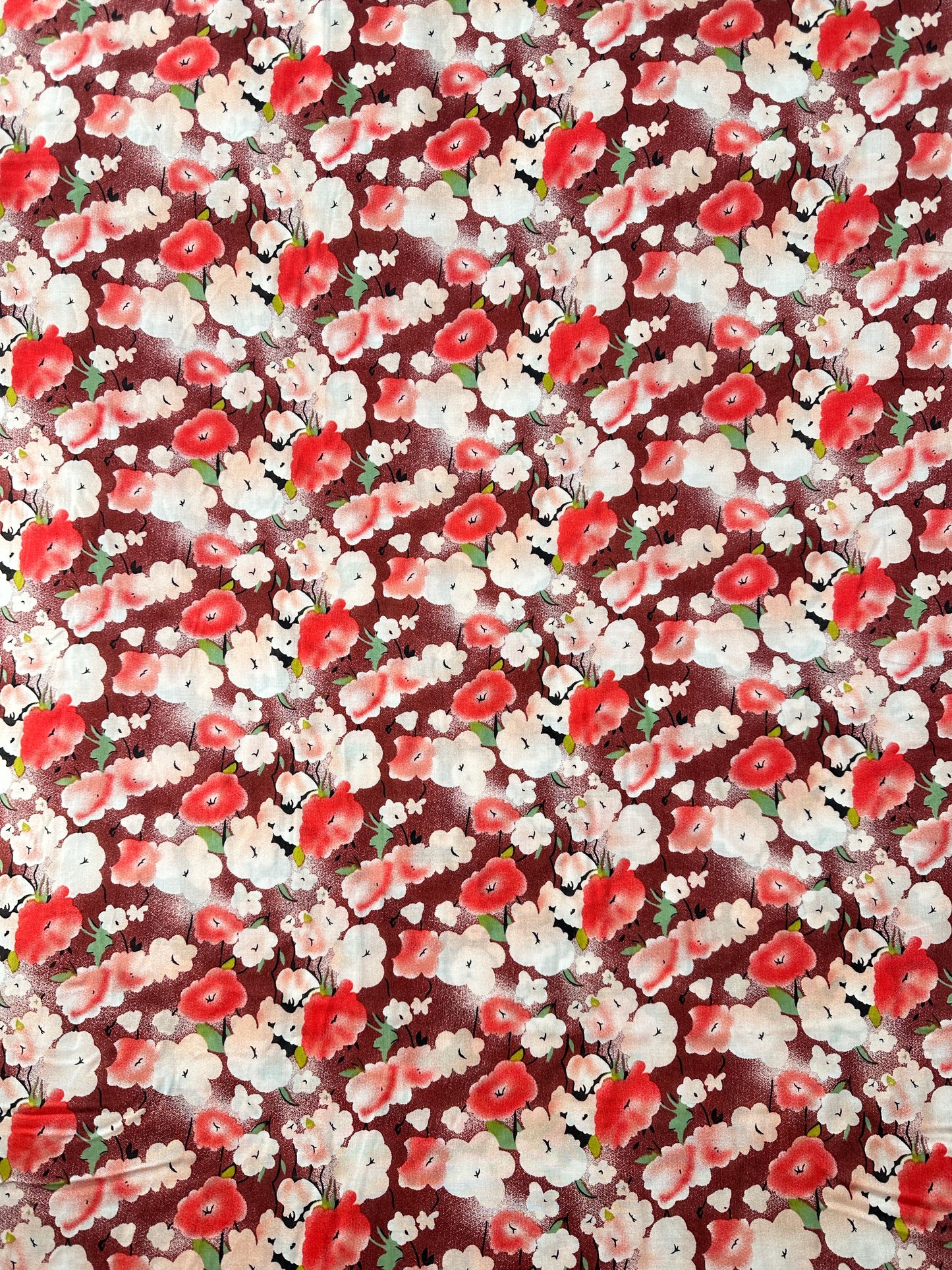 Rayon Challis, Watercolor Blooms, Burgundy